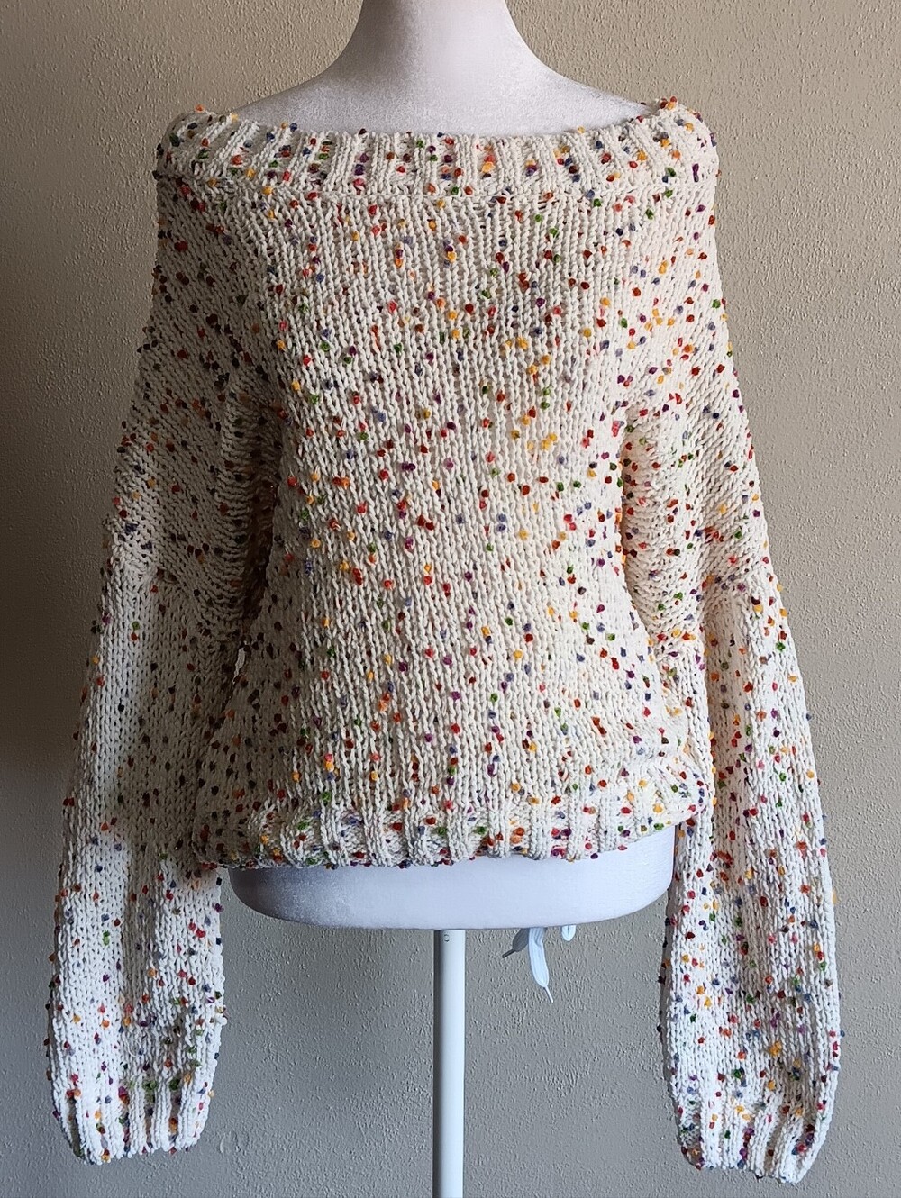 Cozy Off Shoulder Slouchy Cream Speckled Knit Sweater, Harper Heritage Medium